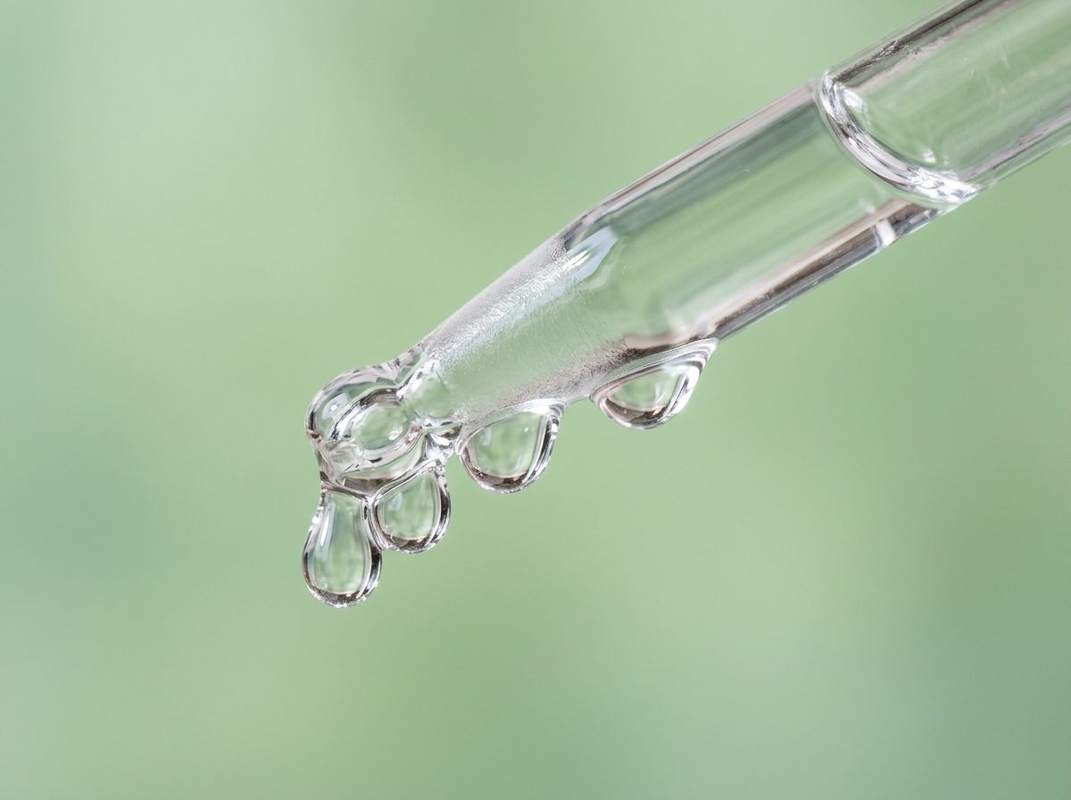 Close-up macro of viscous clear niacinamide serum drop resting on skin