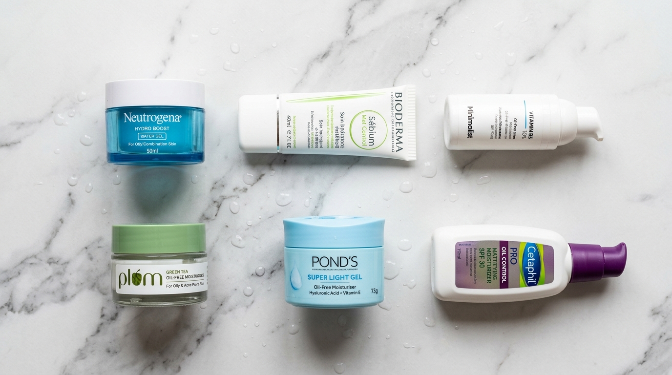 Flat-lay photograph of Niacinamide moisturizers on a white quartz vanity with botanical accents