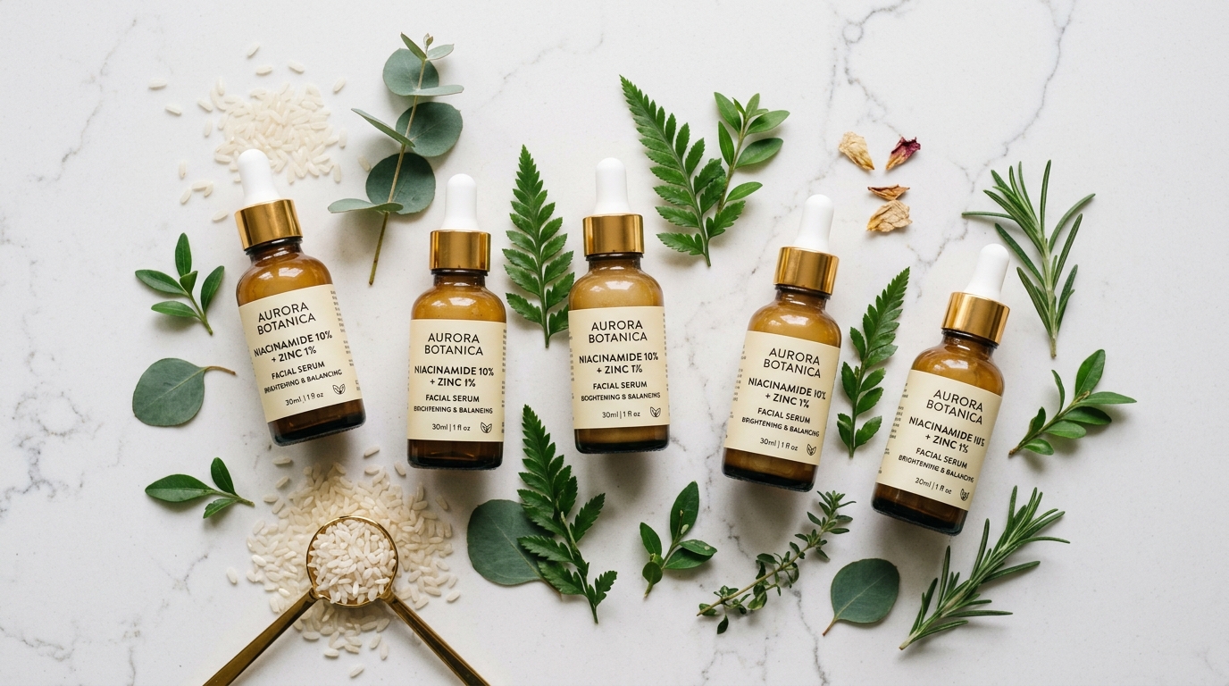 Flat-lay photograph of Niacinamide serums Paula's Choice, The Ordinary, Glossier, Glow Recipe