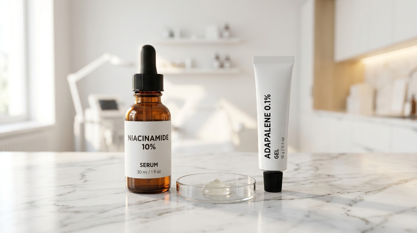 Niacinamide 10 percent serum bottle and Adapalene 0.1 percent gel tube on white marble with clear gel droplet in petri dish