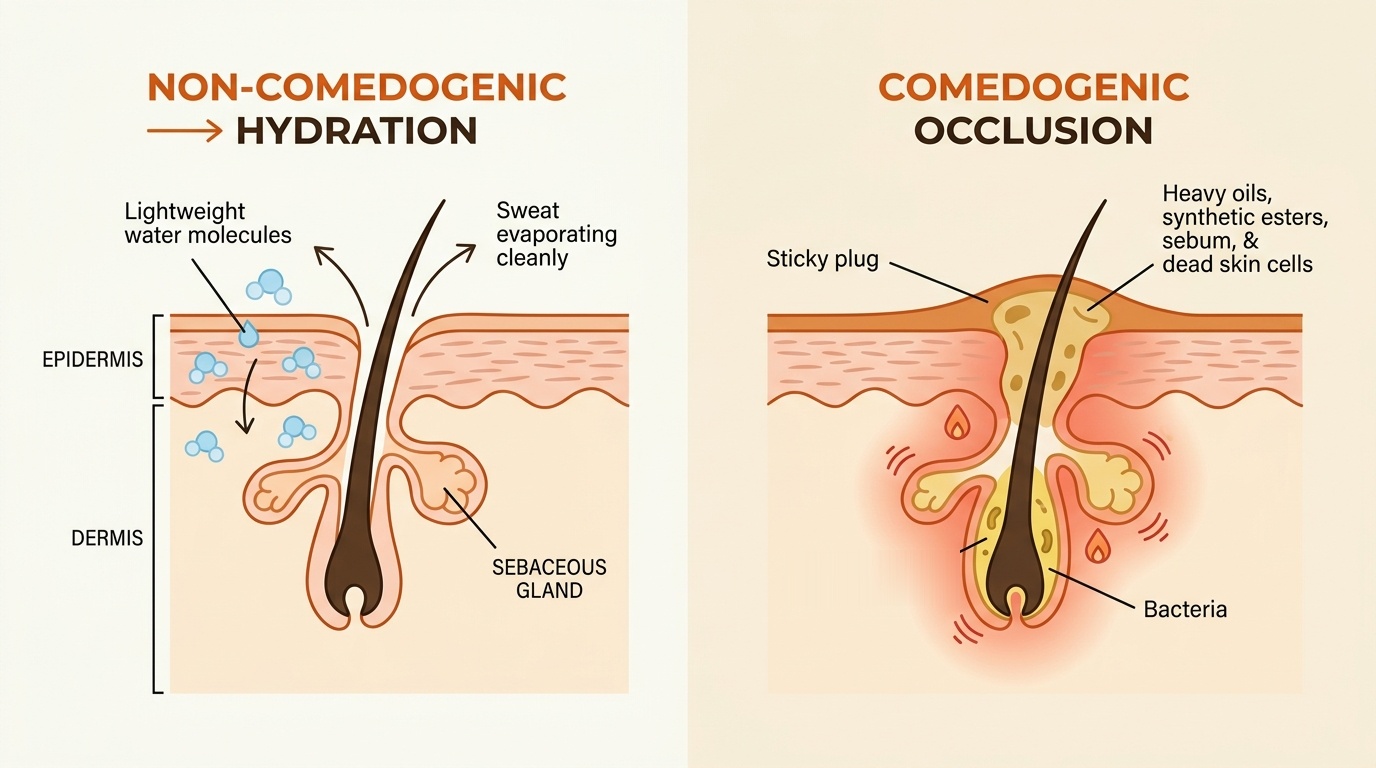 Cross-section diagram of comedogenic oils blocking hair follicles and creating closed comedones