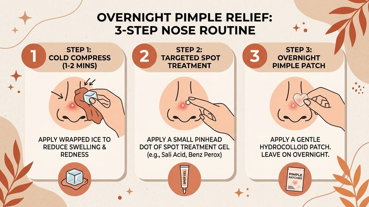 3-Step Overnight Nose Pimple Relief Routine: Cold compress, targeted spot treatment, and hydrocolloid patch