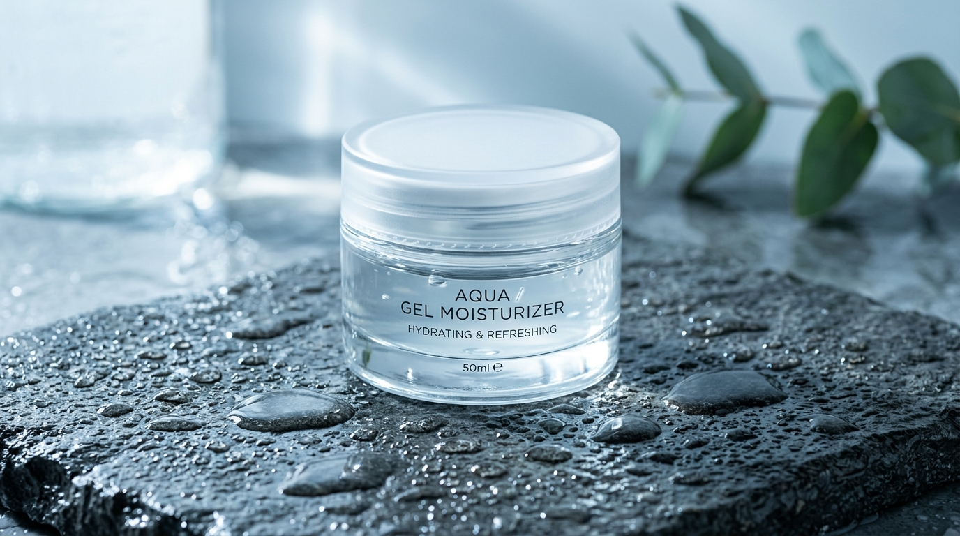 Clear Aqua Gel Moisturizer in glass jar on stone background