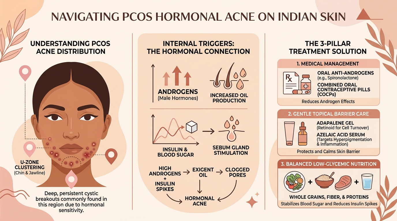 Visual diagram explaining PCOS hormonal acne distribution on Indian skin, internal hormonal triggers, and the 3-pillar treatment solution
