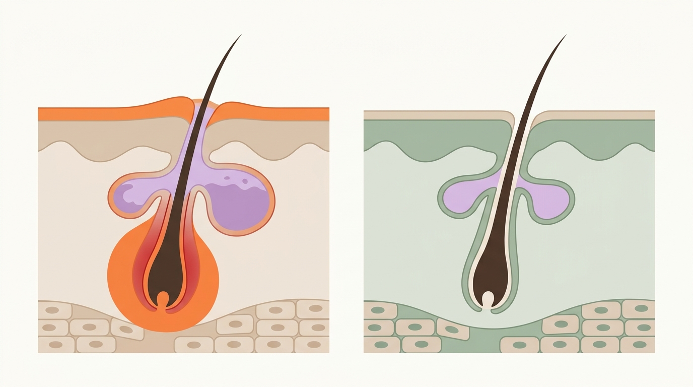 Cross-section diagram comparing an inflamed deep PCOS cyst on the left vs a calm clear pore on the right