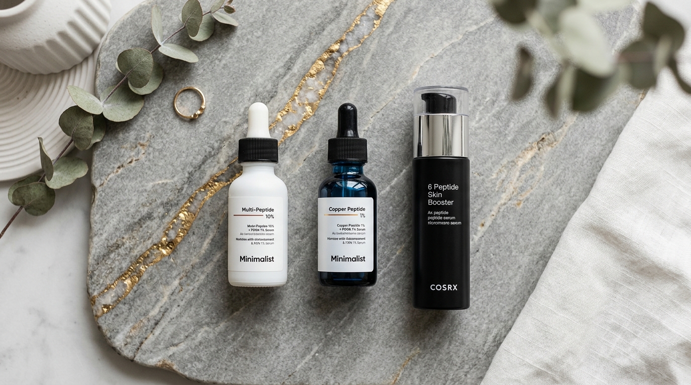 Minimalist Multi-Peptide 10%, Minimalist Copper Peptide, and COSRX 6 Peptide Skin Booster on a grey stone surface