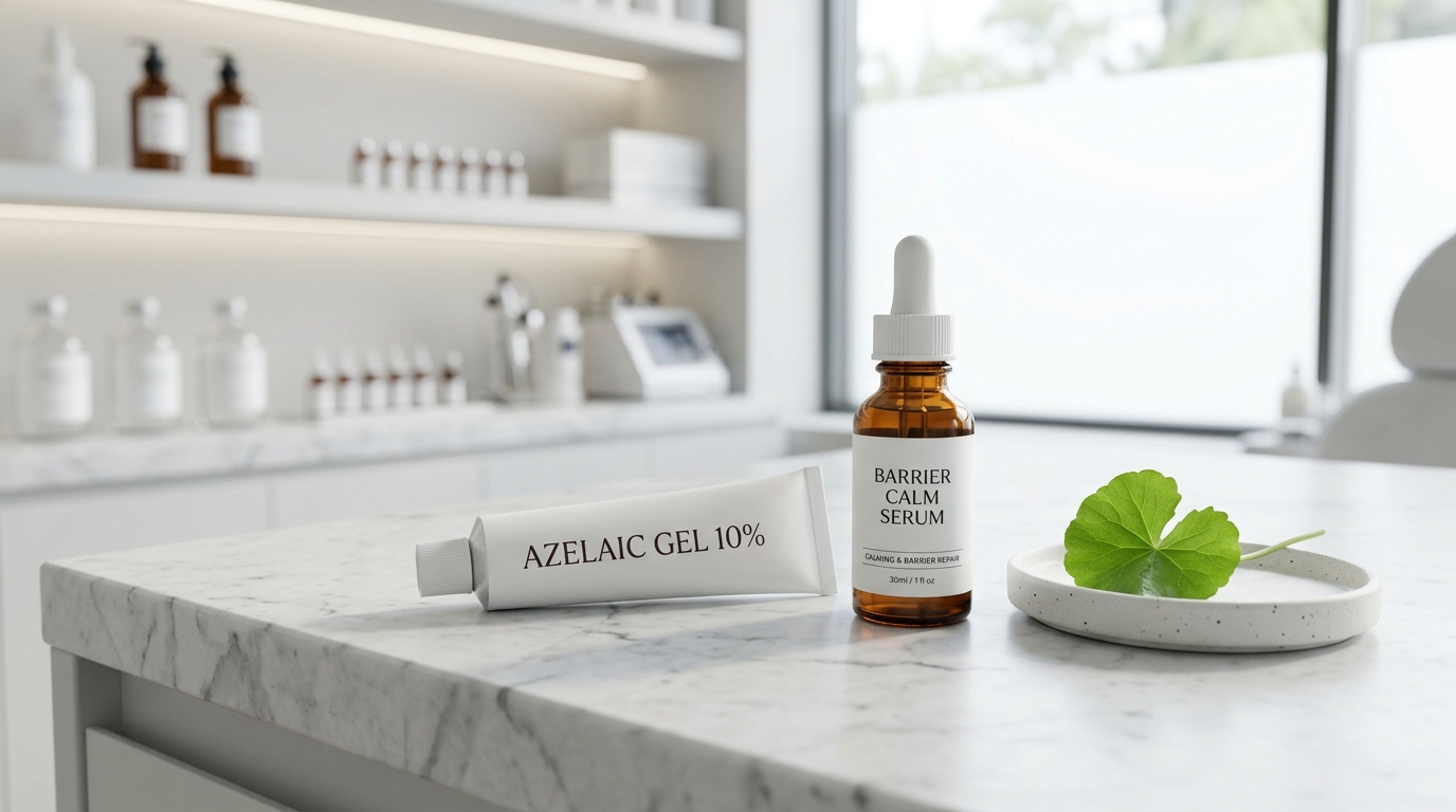 Clinical dermatology countertop with Azelaic gel tube, barrier calming serum bottle, and centella leaf on white marble