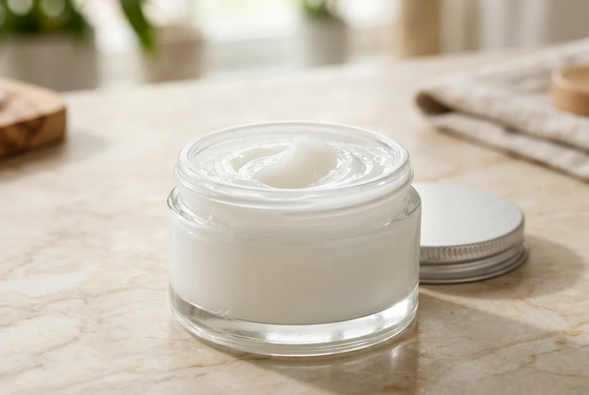 Glass cosmetic jar filled with pure white petroleum jelly balm