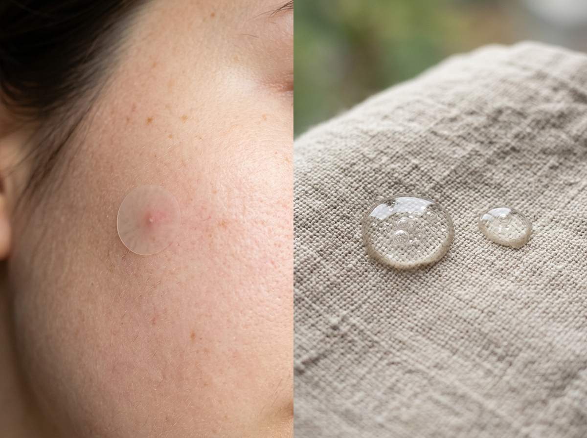 Close-up of Hydrocolloid Pimple Patch and Spot Gel Droplets on Towel