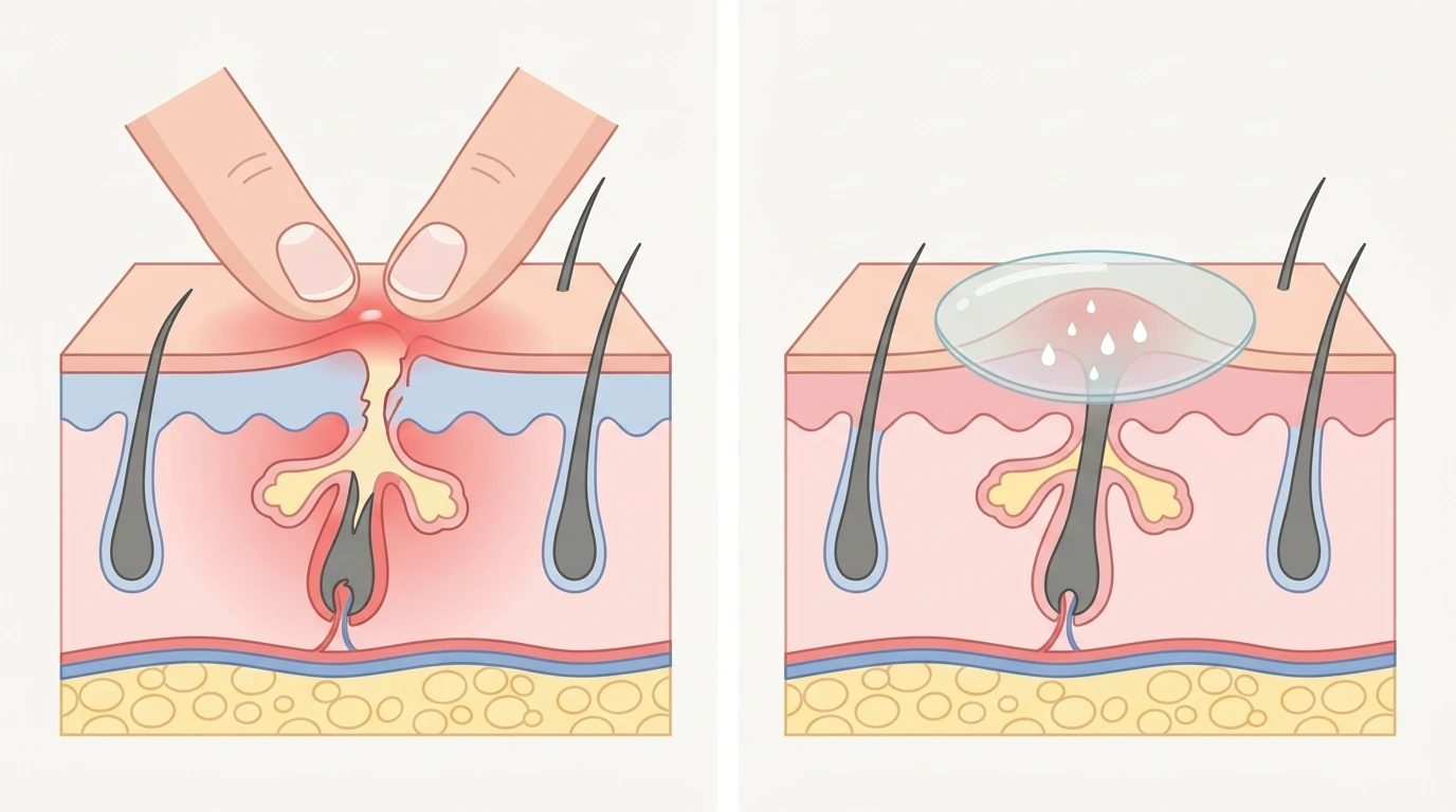 Medical cross-section diagram comparing follicle wall bursting under fingernail squeeze against gentle fluid absorption under a hydrocolloid patch