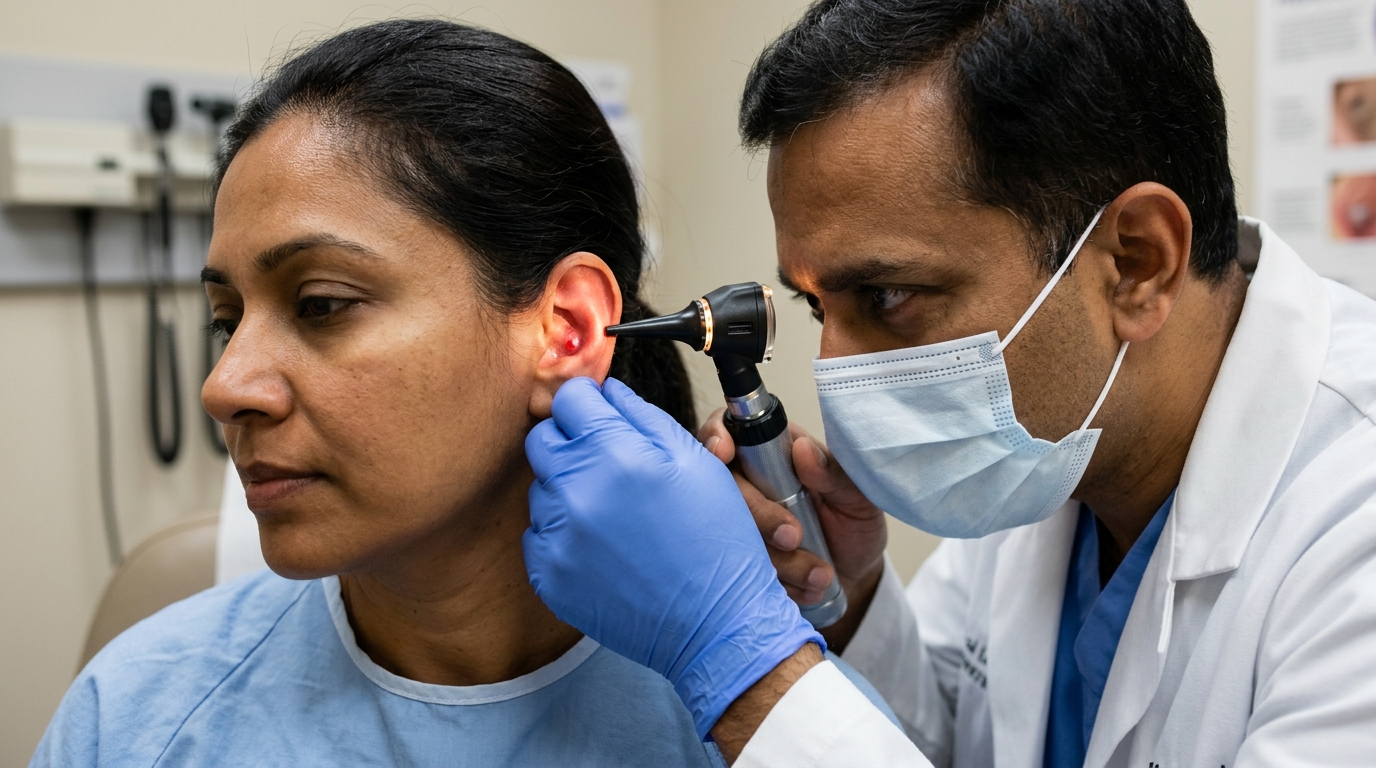 Clinical examination of pimple inside ear concha using otoscope