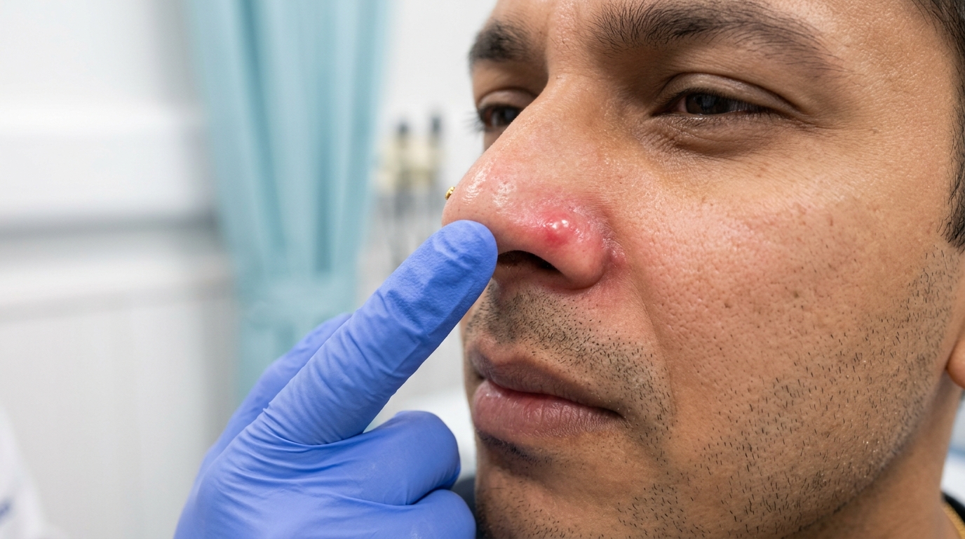 Dermatology examination of nasal pimple and nostril vestibulitis