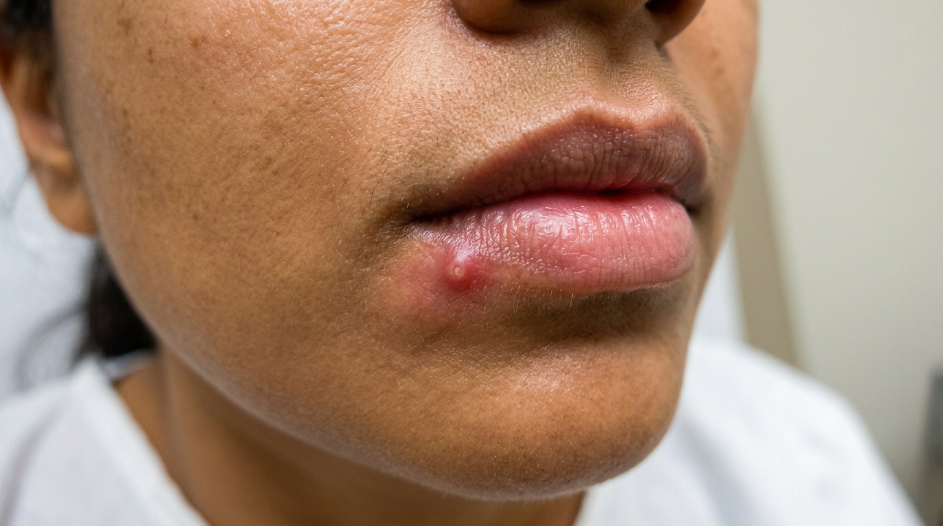 Clinical photo of acne pimple on lip line vermilion border