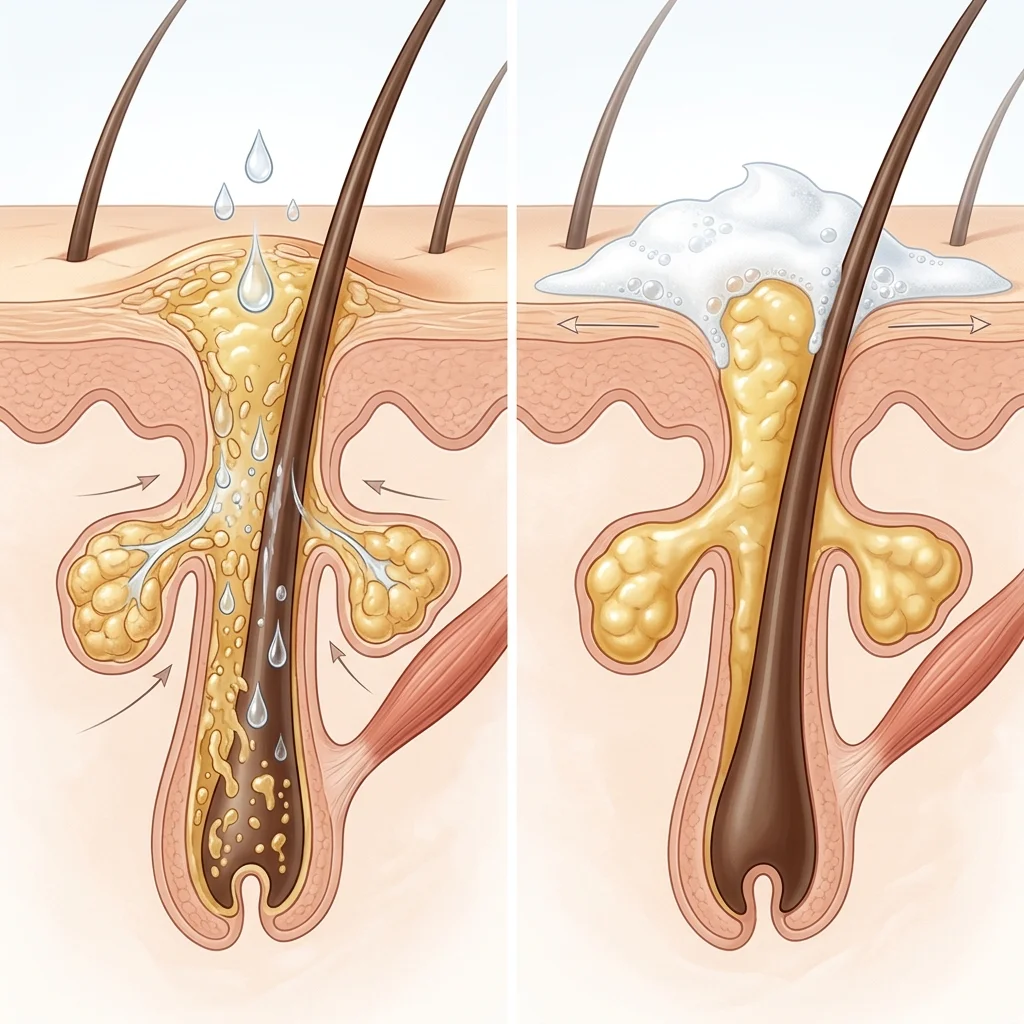 Medical diagram comparing pore-penetrating salicylic acid with surface cosmetic foam