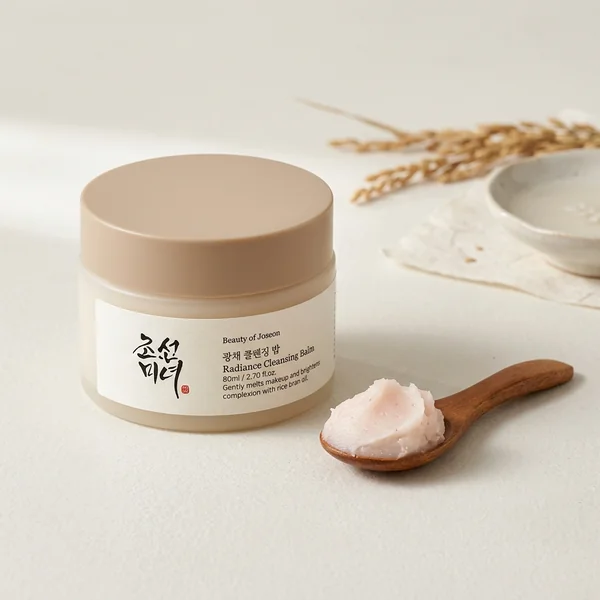 Beauty of Joseon Radiance Cleansing Balm jar with rice bran water and wooden scoop