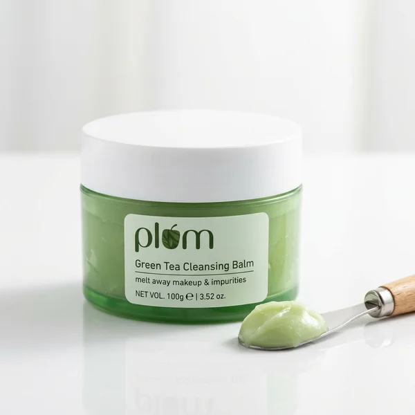 Plum Green Tea Cleansing Balm 90g jar with green tea extract and cosmetic spatula