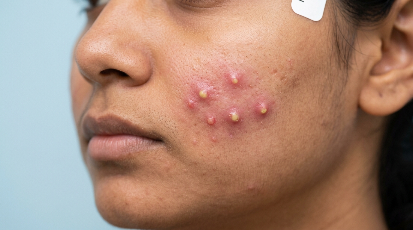 Close up clinical photo of pus-filled pustules on cheek