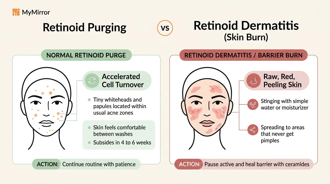 Visual comparison showing normal retinoid purging whiteheads versus raw peeling retinoid dermatitis