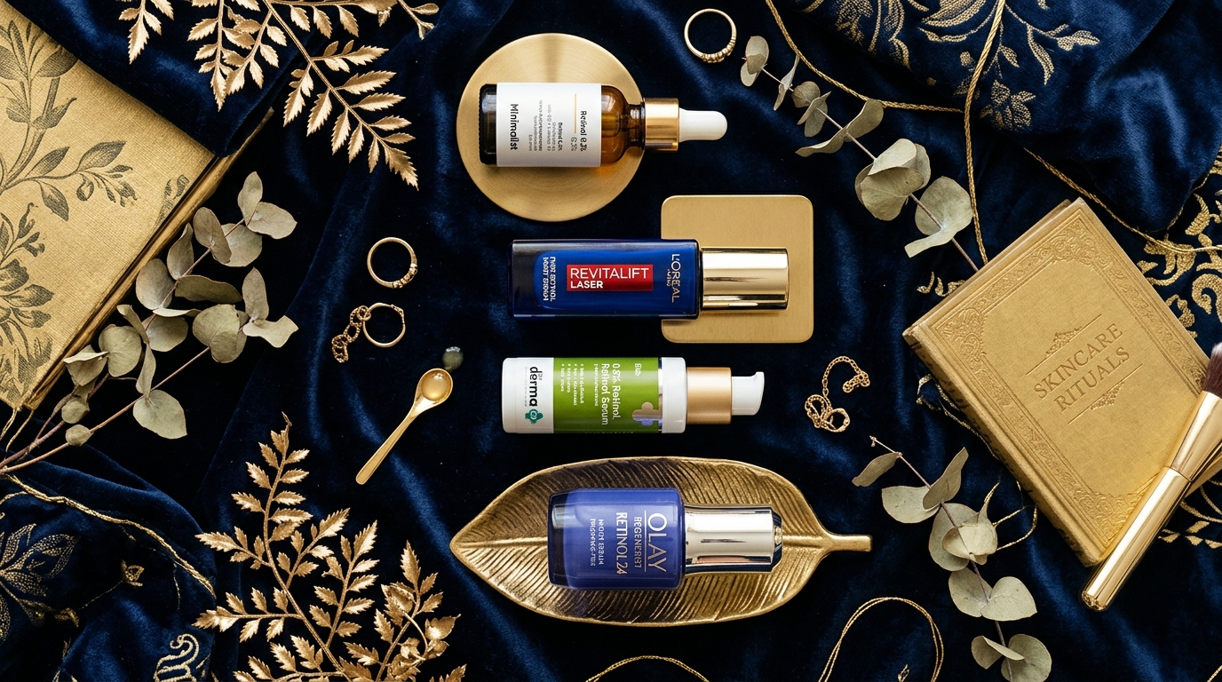 Editorial flat-lay of retinol serums (Minimalist Retinol 0.3% bottle, Olay Retinol 24 Night Serum, The Derma Co 0.5% Retinol Serum, L'Oreal Revitalift)