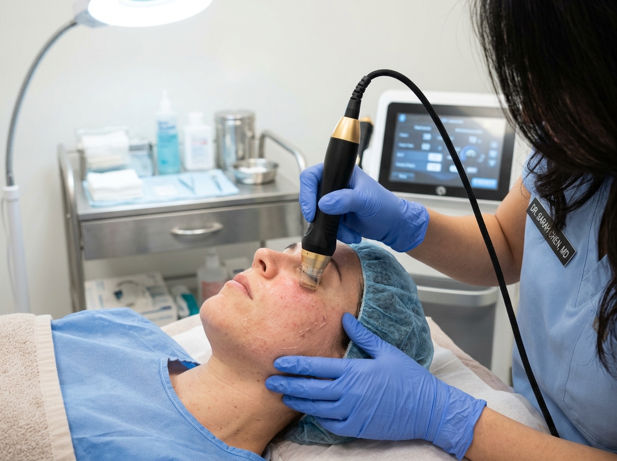 Close-up photograph of RF microneedling / laser resurfacing applicator being used by dermatologist on cheek