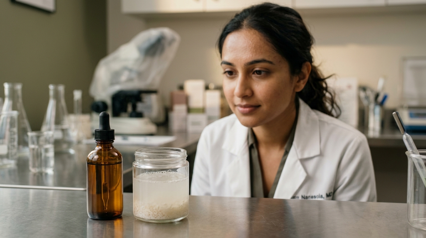 Dermatological comparison of purified rice ferment toner bottle versus cloudy DIY fermenting rice water in a laboratory setting