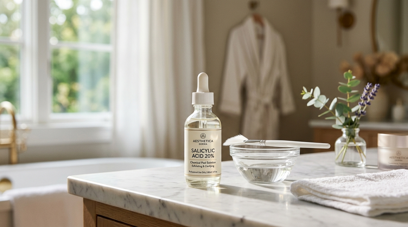 Luxury 20% Salicylic Acid Chemical Peel bottle with fan brush and marble backdrop
