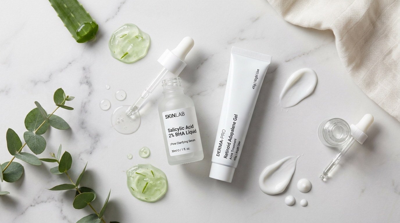 Salicylic Acid liquid bottle and Retinoid Adapalene gel tube flatlay on marble