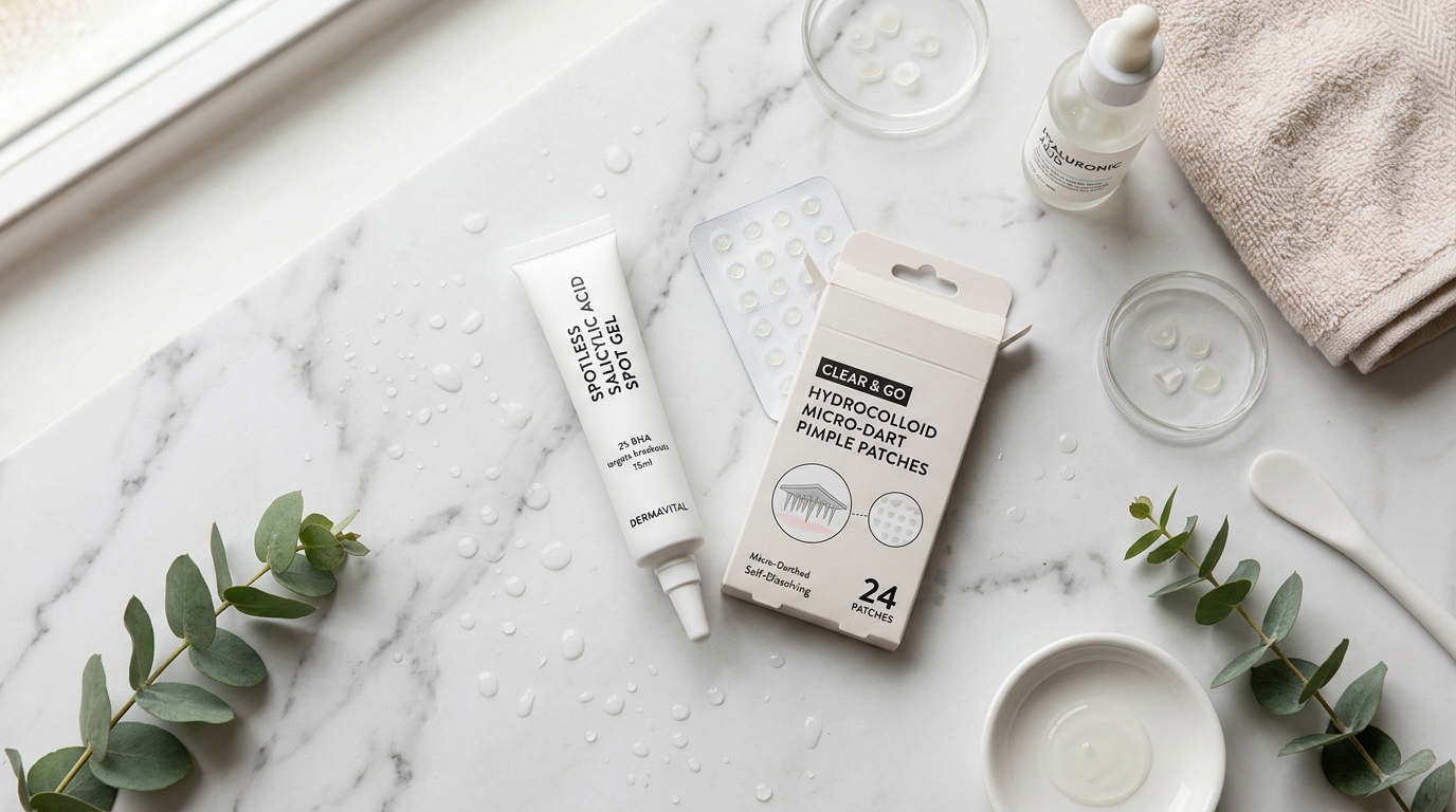Salicylic Acid Spot Gel and Hydrocolloid Micro-Dart Pimple Patches Flatlay