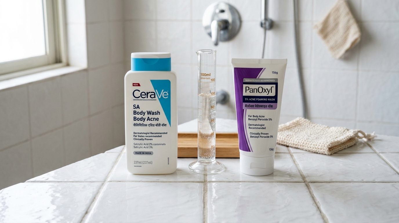 Salicylic acid and benzoyl peroxide products compared on bathroom counter