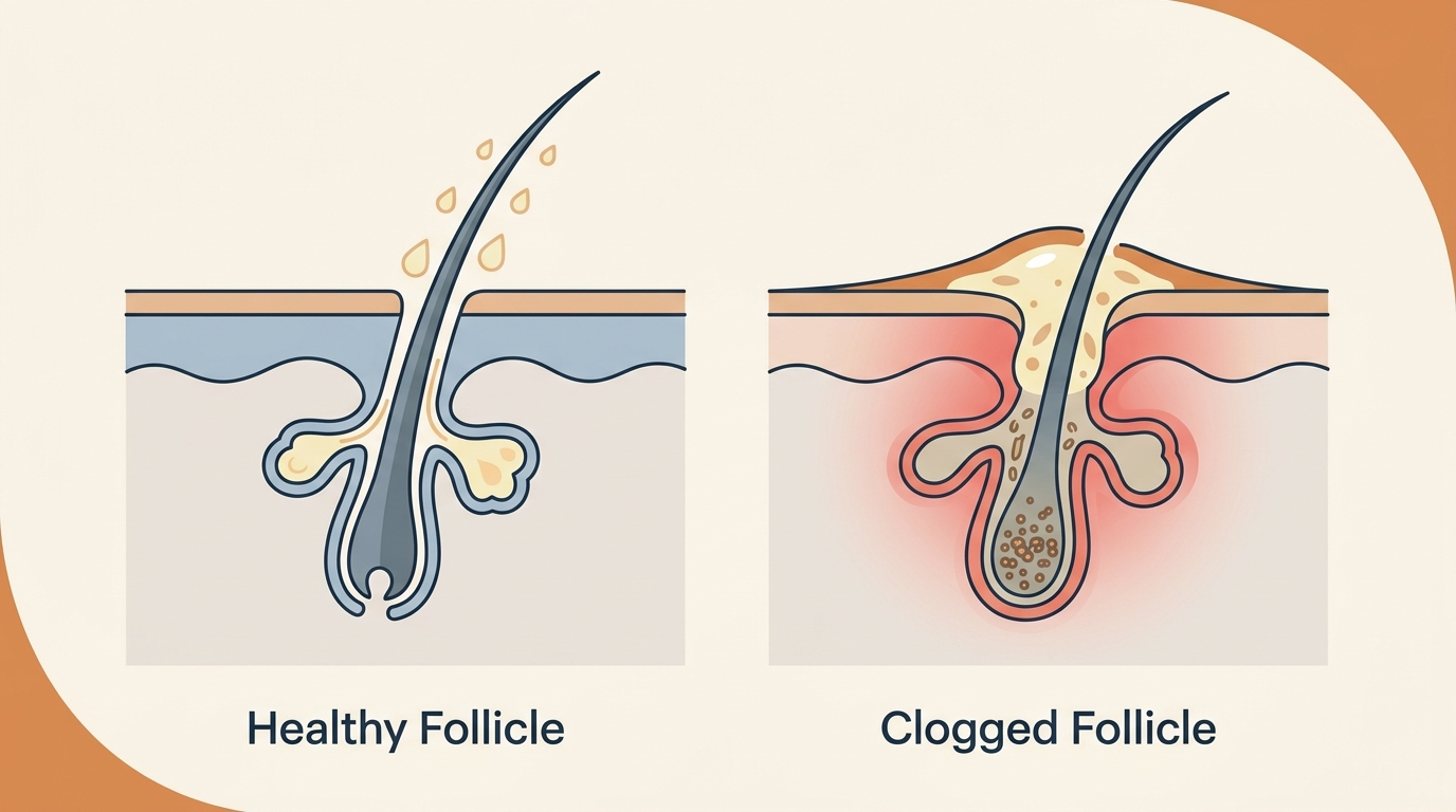 Comparison diagram of healthy clear skin follicle versus blocked follicle with safe routine