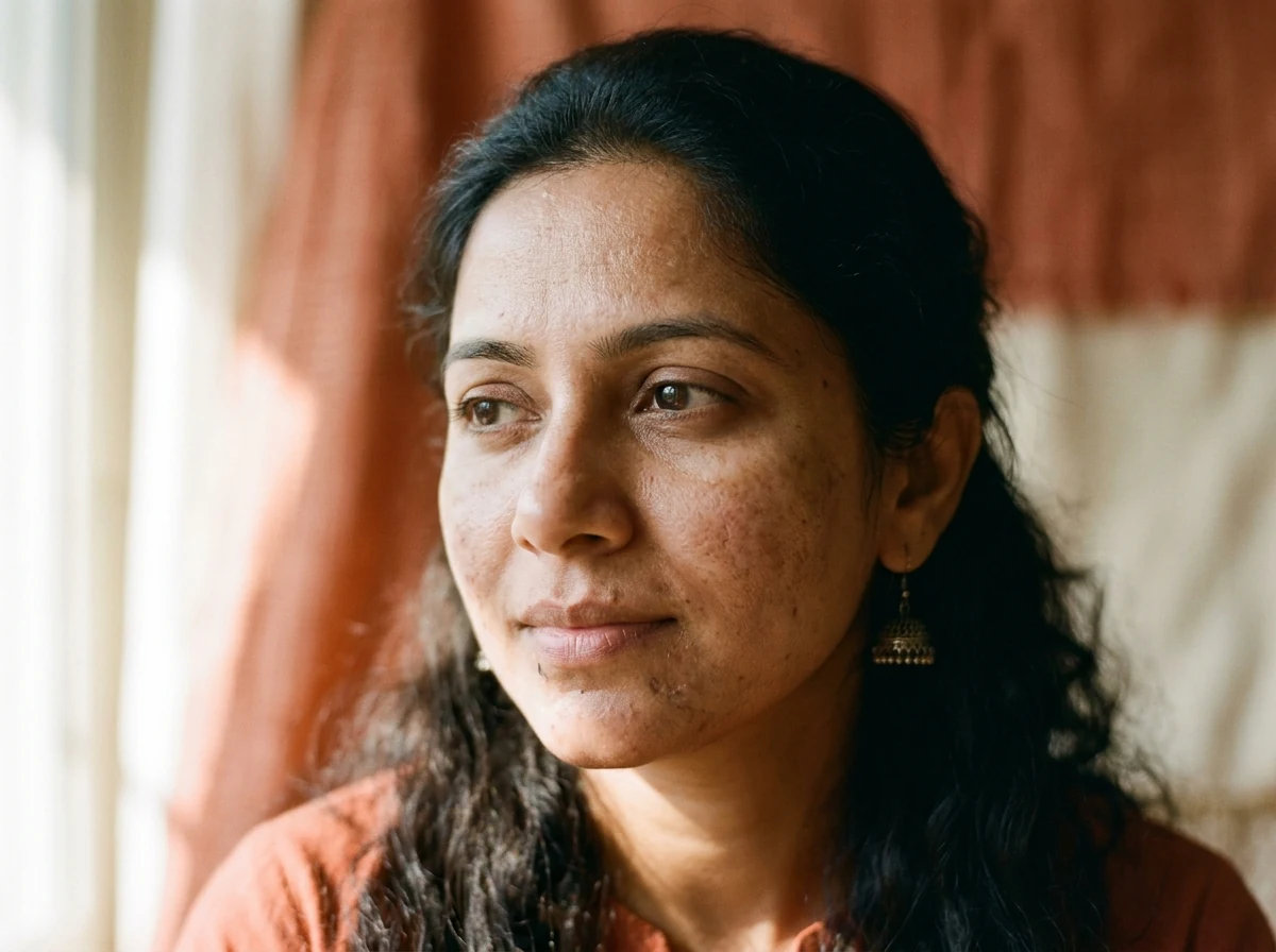 Indian woman with mild skin discoloration and uneven tone on face in natural light