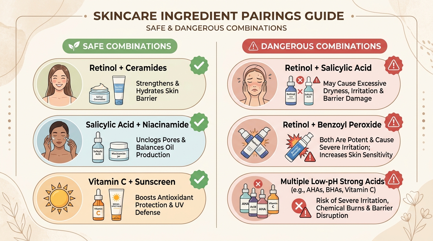 Skincare ingredient pairings chart showing safe combinations on the left and dangerous combinations on the right