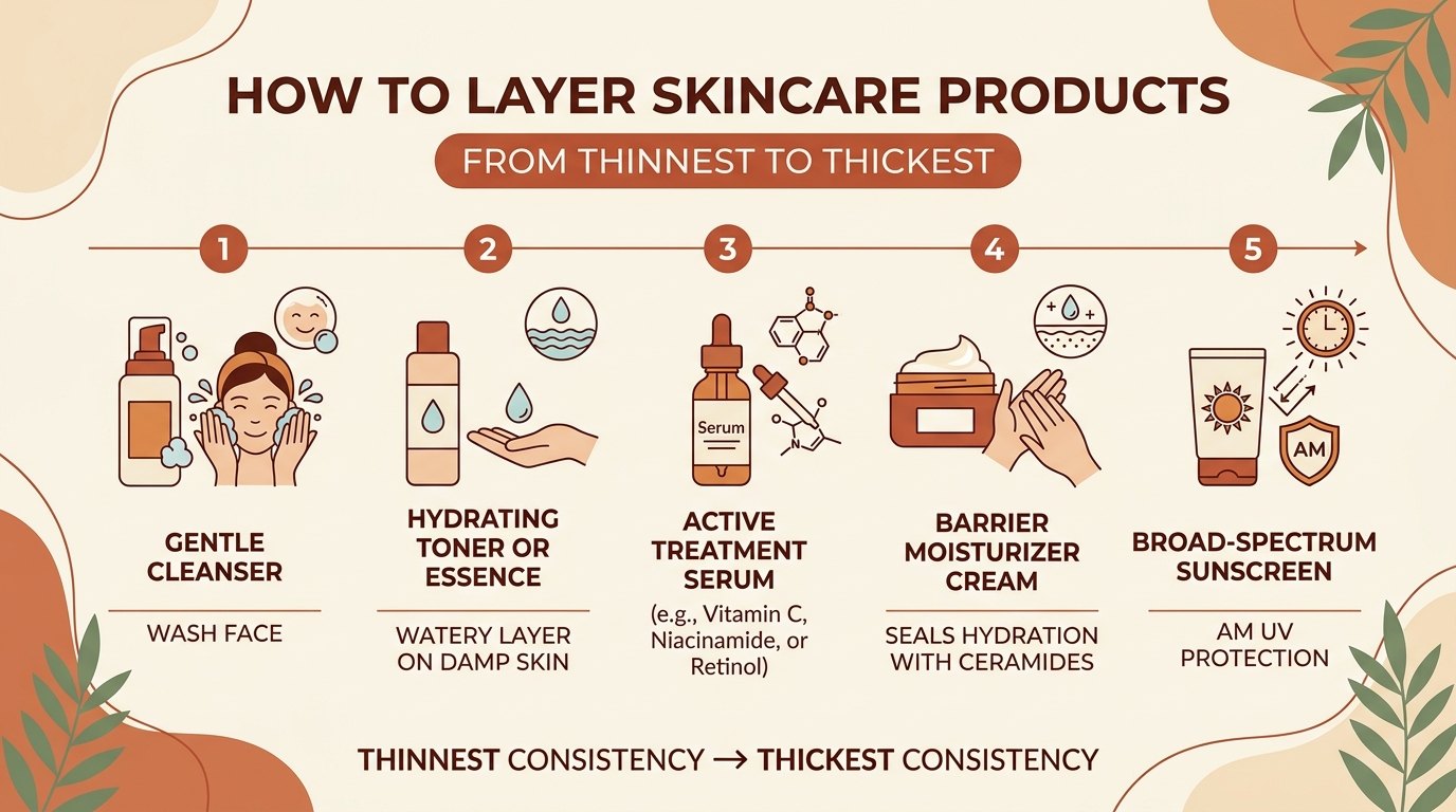 Infographic showing skincare layering order from thinnest to thickest: cleanser, toner, active serum, moisturizer, and sunscreen