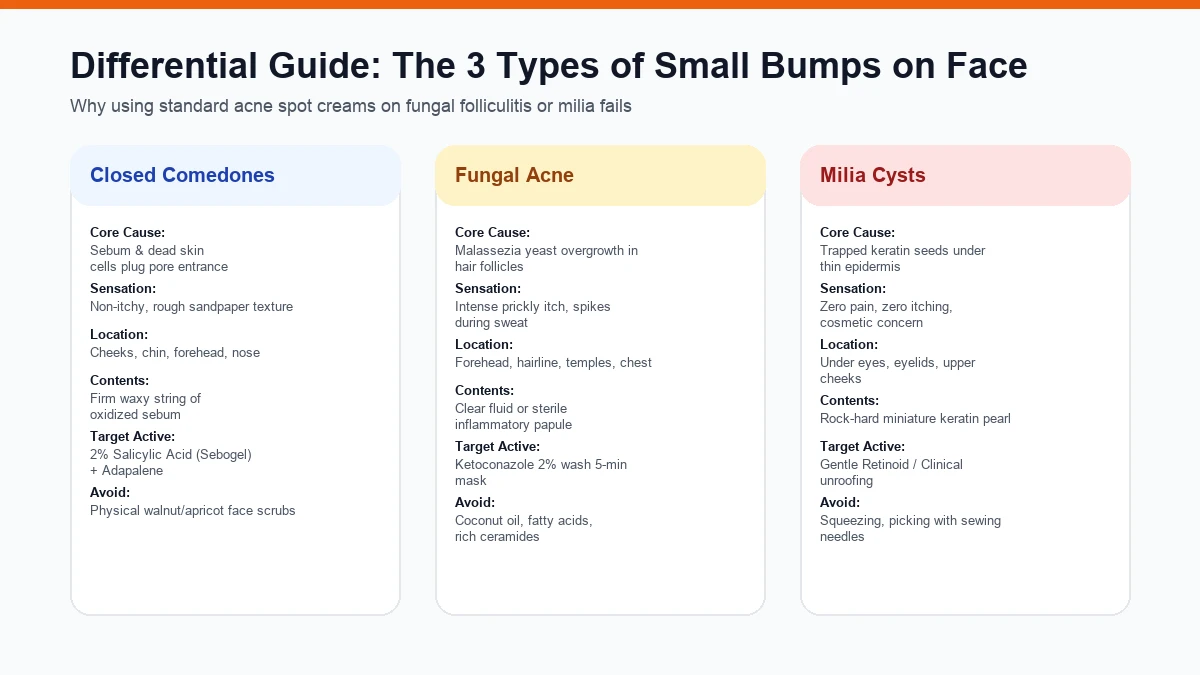 Differential Diagnosis: Closed Comedones vs Fungal Acne vs Milia Infographic