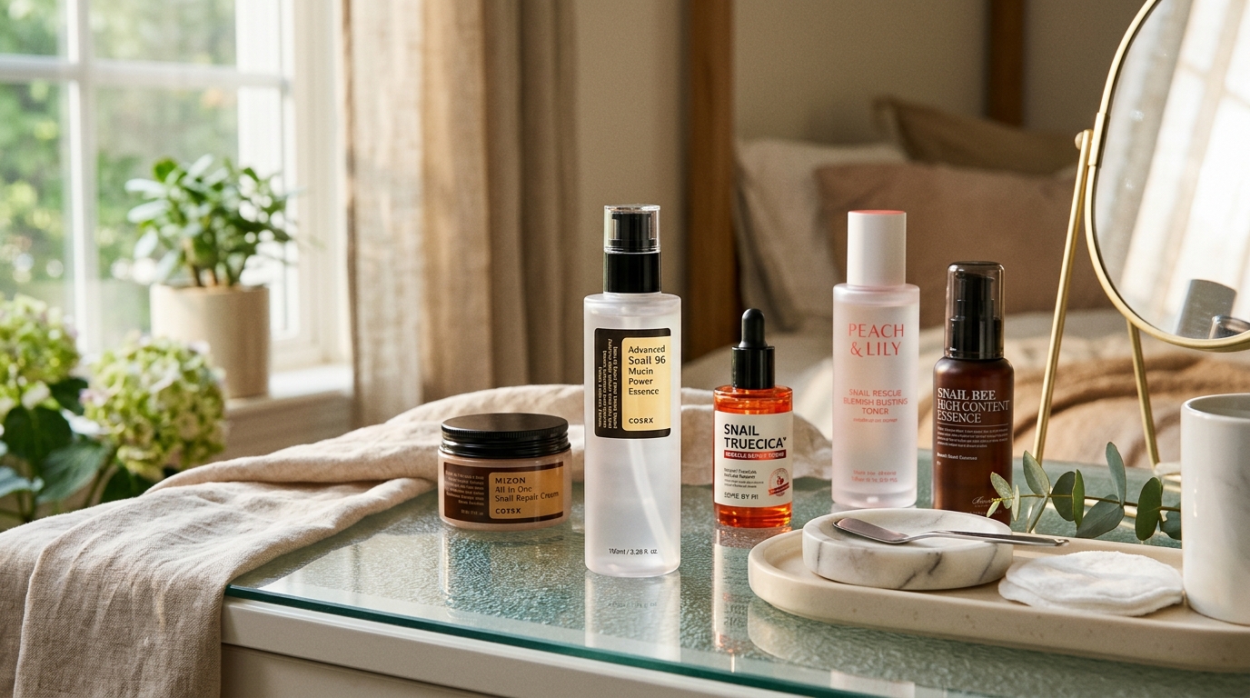 COSRX Advanced Snail 96 Mucin Power Essence bottle alongside other snail mucin products on a clean glass vanity