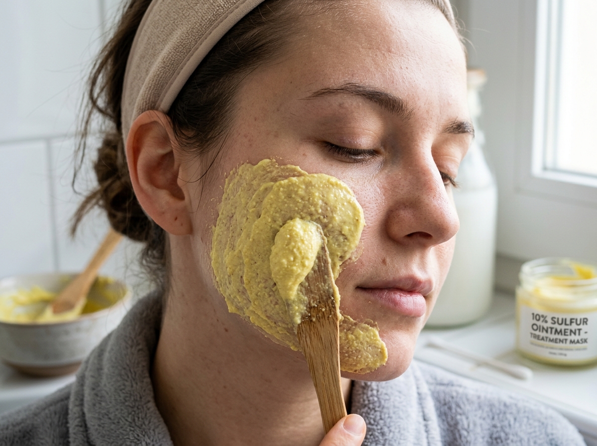 Close-up of 10% sulfur ointment being applied as a face mask with a spatula