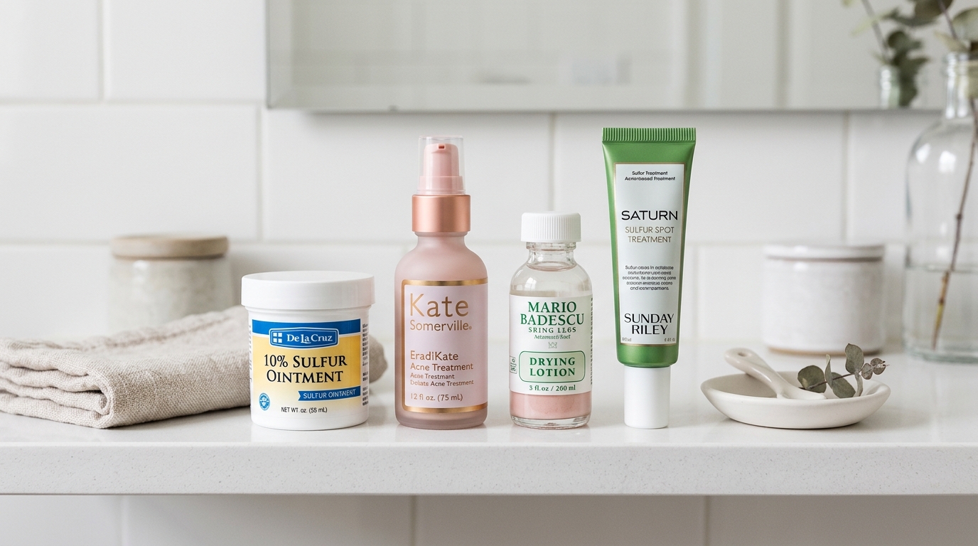 Editorial flat-lay of sulfur acne products on a minimalist white bathroom shelf