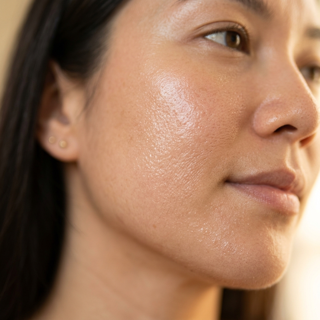 Close-up of white mineral sunscreen lotion being smoothed on face showing zero white cast finish