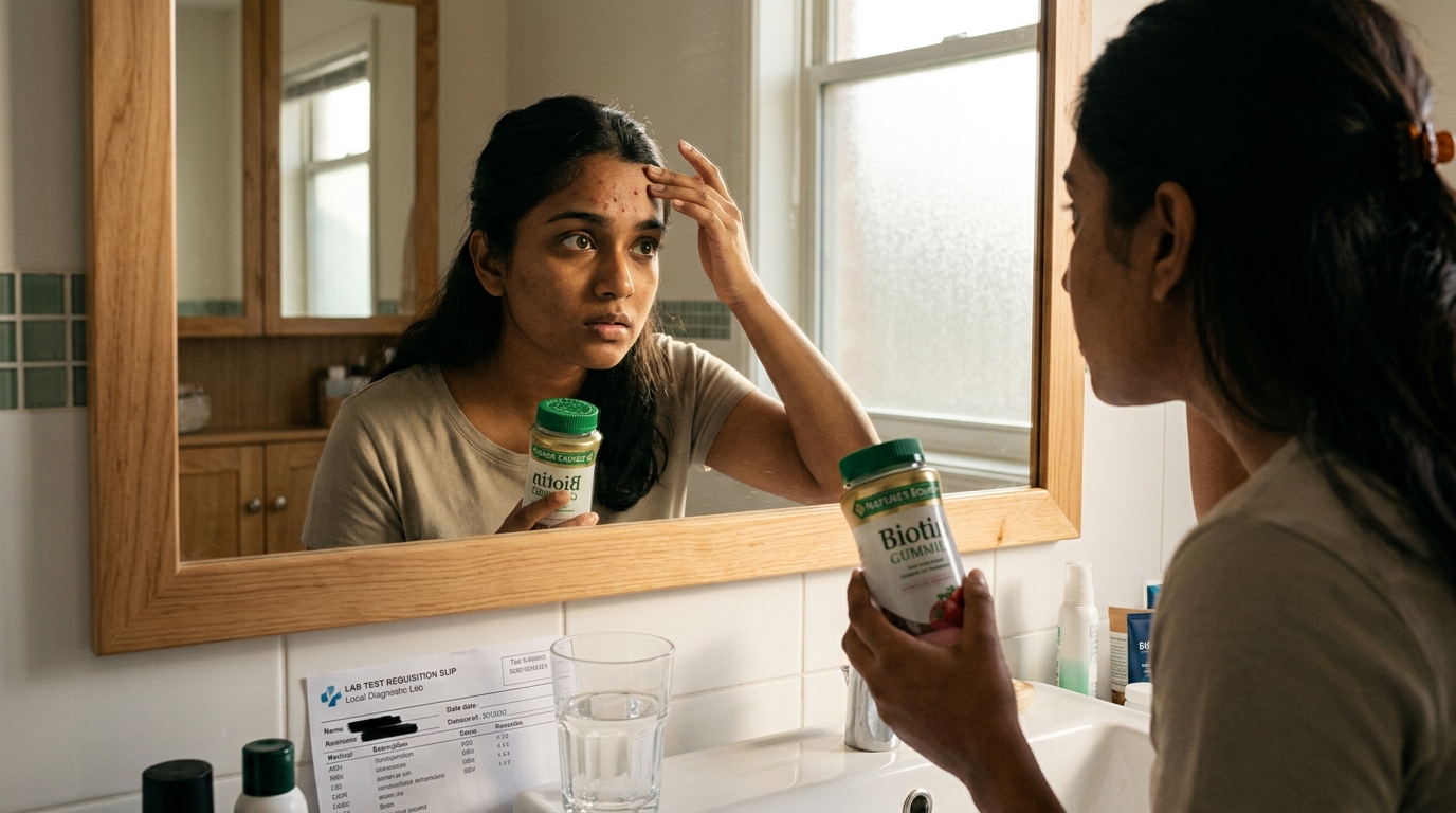 Young Indian woman checking sudden forehead acne triggered by biotin hair gummies in the mirror