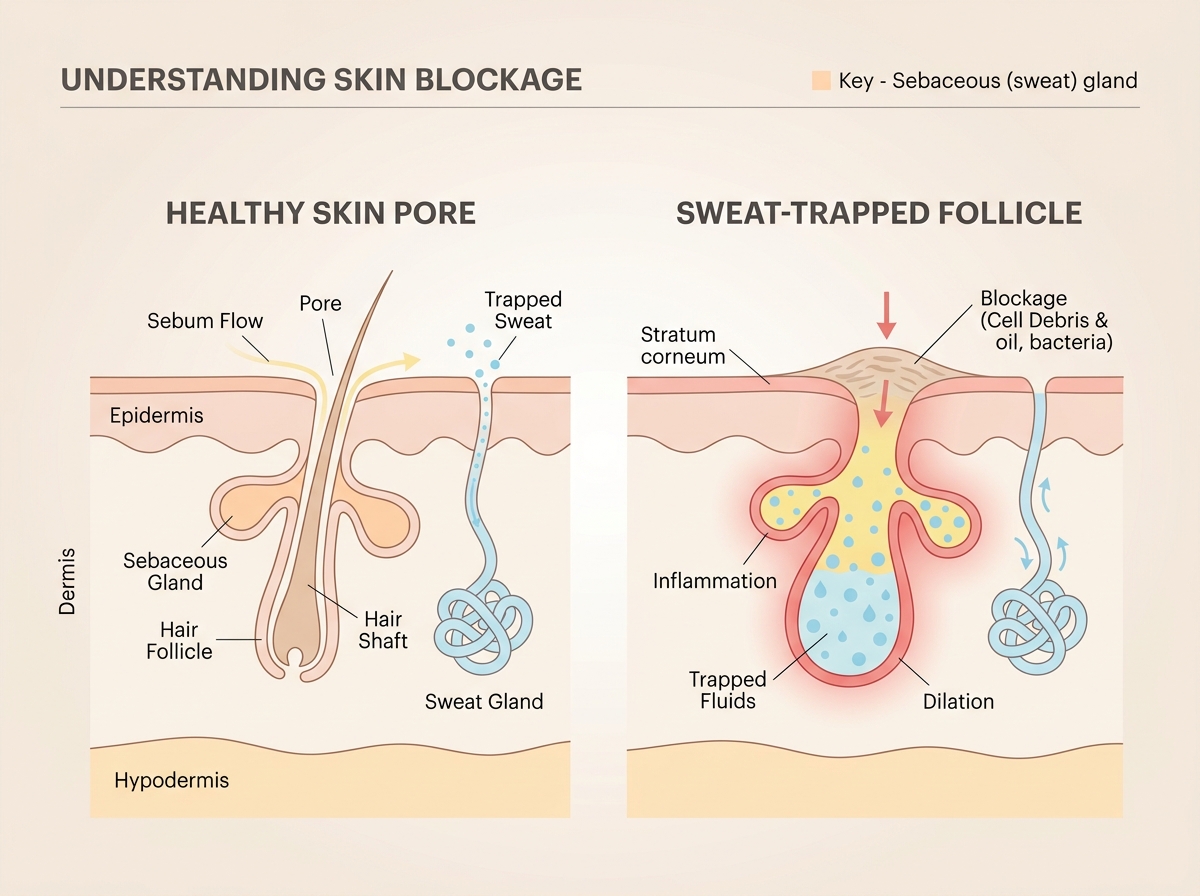Educational diagram comparing healthy pore with sweat-trapped follicle