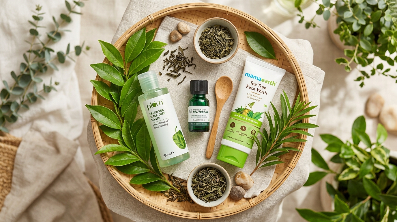 Editorial flat-lay of tea tree oil skincare products