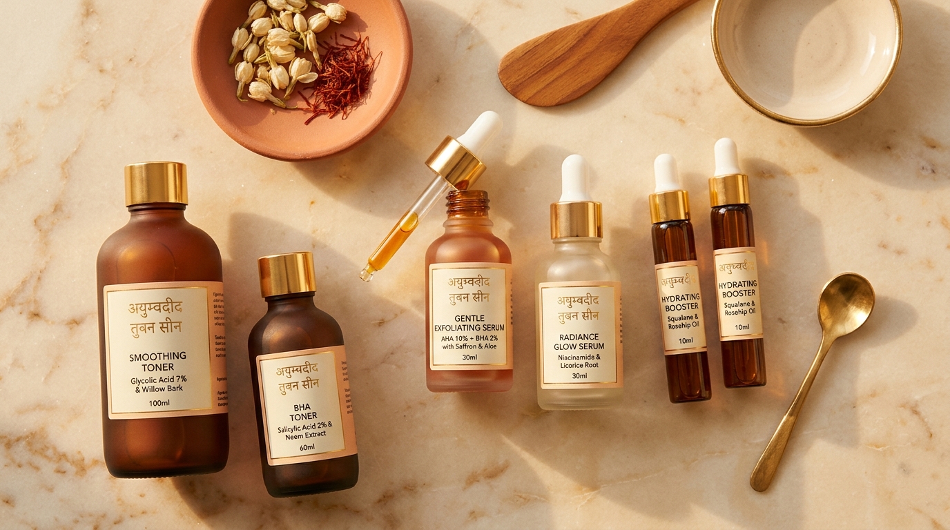 Indian skincare routine products for texture smoothing — BHA and AHA serums flatlay