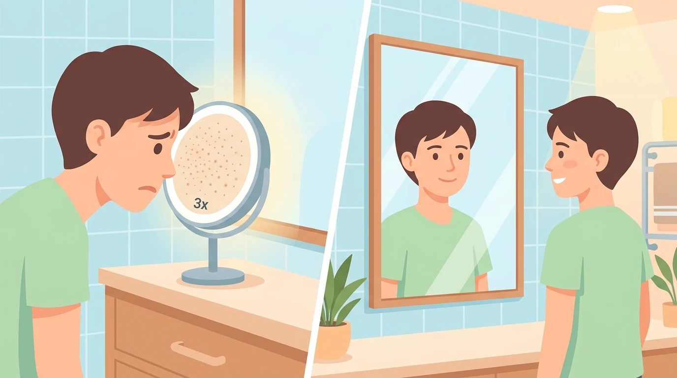 Illustration demonstrating the three-foot mirror rule contrasting close-up magnifying mirror anxiety with calm distant perspective under soft lighting