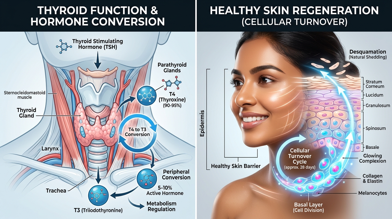 Thyroid function and skin regeneration process illustration