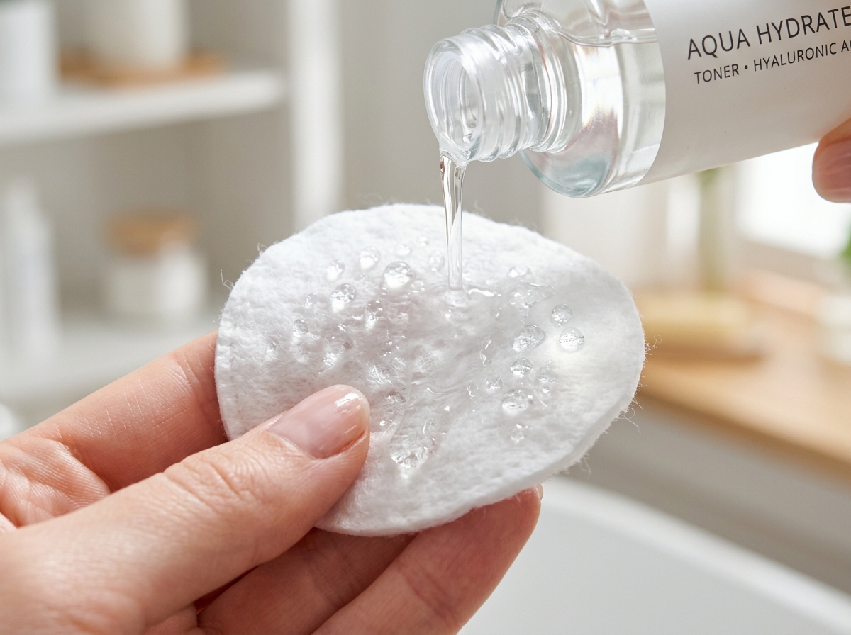 Hydrating toner liquid poured onto a soft cotton pad