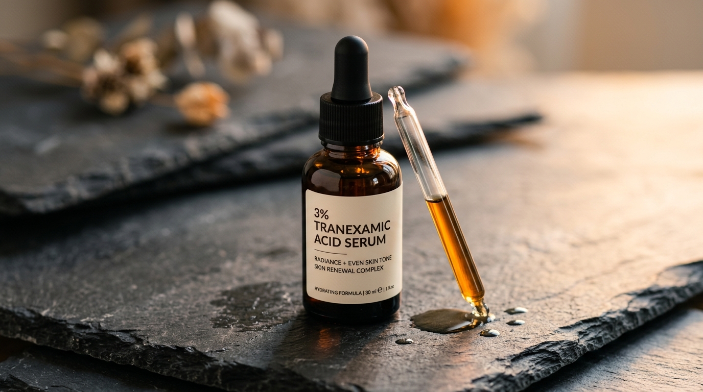 Tranexamic Acid 3% serum glass dropper bottle for fading post-acne dark spots on Indian skin