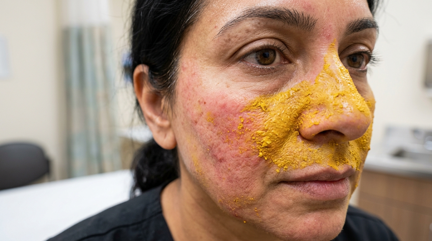 Woman applying turmeric face pack experiencing redness and skin reaction