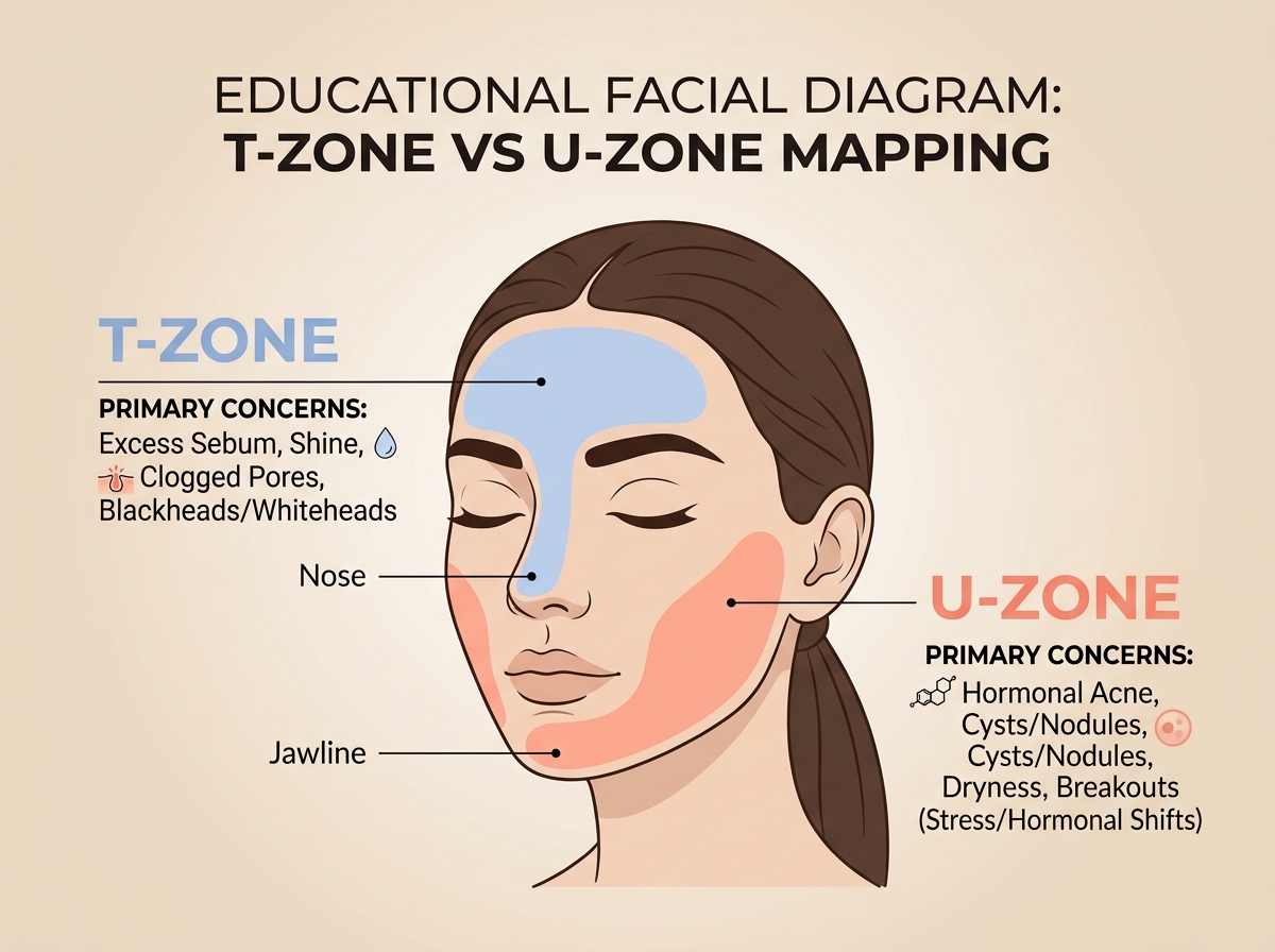 Educational facial diagram showing T-Zone sebum and U-Zone hormonal acne zones