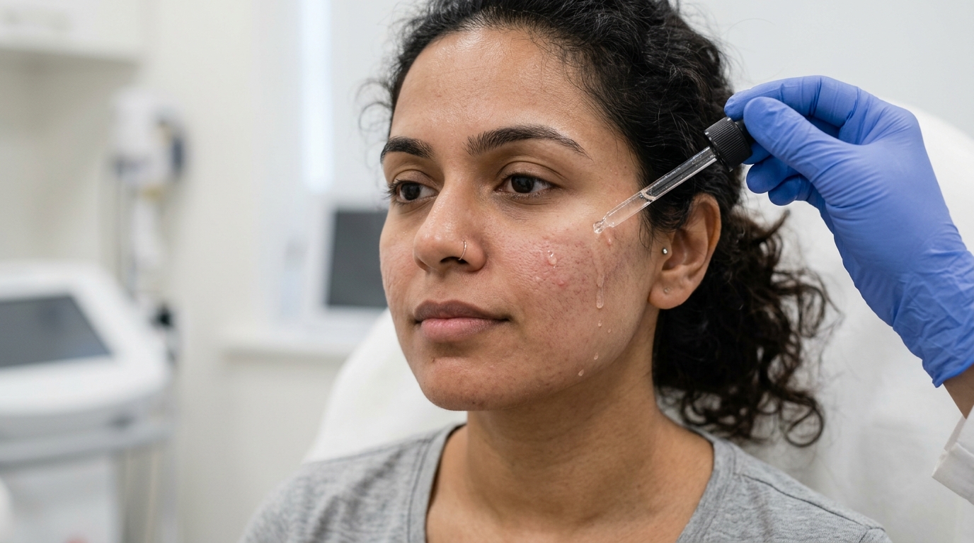 Clinical examination of an Indian patient experiencing tiny bumps and irritation after Vitamin C serum application