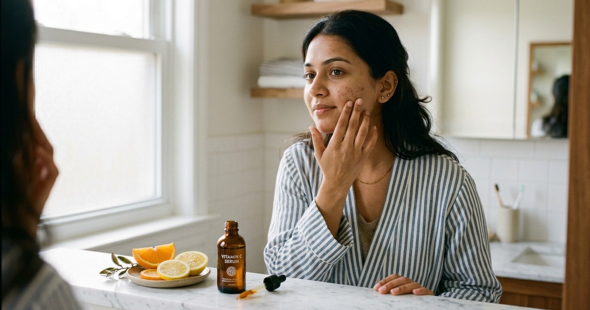 Young Indian woman examining post-acne dark spots on cheek with amber Vitamin C serum bottle on marble vanity